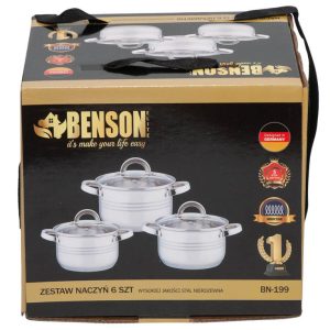 Набір каструль Benson BN-199 З нержавіючої сталі, 6 предметів, 2.1 л, 2.9 л, 3.9 л