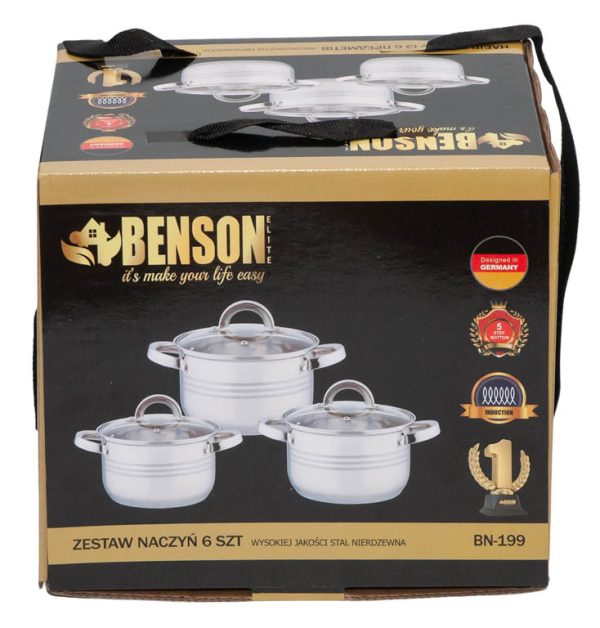 Набір каструль Benson BN-199 З нержавіючої сталі, 6 предметів, 2.1 л, 2.9 л, 3.9 л